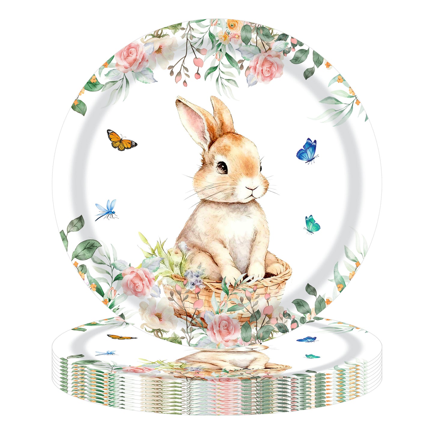 Easter Bunny Party Tableware Set – 7" & 9" Plates, Cups, Napkins, Pink Cutlery, Spring Floral Rabbit Design for 20 Guests - Image 2