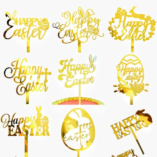 10-Piece Set of Elegant Easter Cake Toppers – Gold Acrylic "Happy Easter" Decorations with Bunny & Egg Designs, Perfect for Party Cakes and Festive Table Settings(Style 2) - Image 5