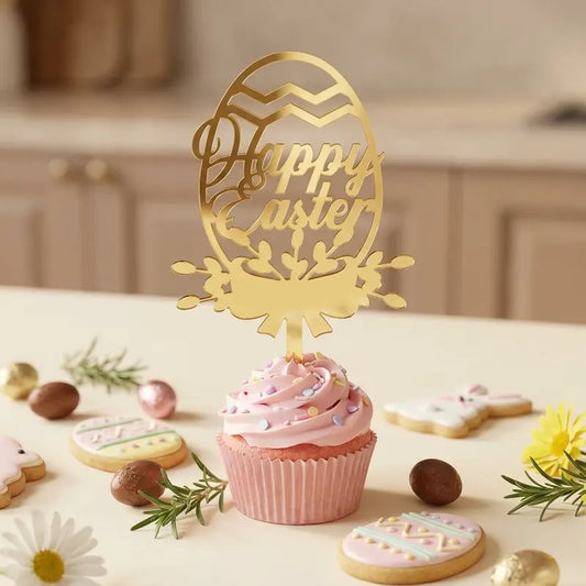 10-Piece Set of Elegant Easter Cake Toppers – Gold Acrylic "Happy Easter" Decorations with Bunny & Egg Designs, Perfect for Party Cakes and Festive Table Settings(Style 3) - Image 2
