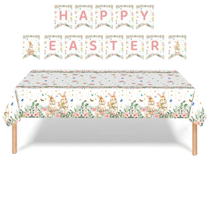 Easter Party Decoration Set – Floral Bunny Tablecloth 137x274cm + Happy Easter Banner, Spring-Themed Decor for Festive Gatherings