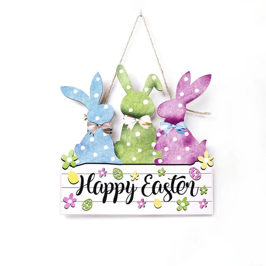 Colorful 2-Pack Easter Bunny Wooden Sign – Colorful Wooden Hanging Decor with "Happy Easter" Text, Spring Door or Wall Decoration for Home and Party