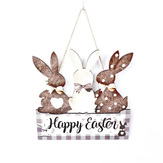 Coffee color 2-Pack Easter Bunny Wooden Sign – Colorful Wooden Hanging Decor with "Happy Easter" Text, Spring Door or Wall Decoration for Home and Party