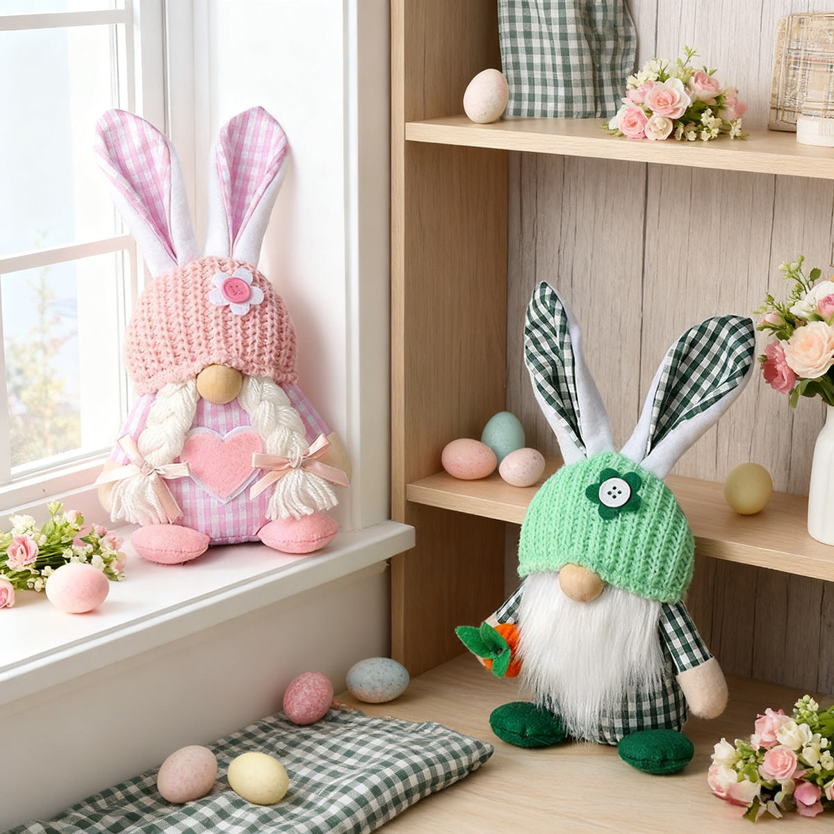 Pink Easter Plush Bunny Gnome Figurine – Decorative Doll with Long Hair and Checkered Ears for Home Display - Image 2