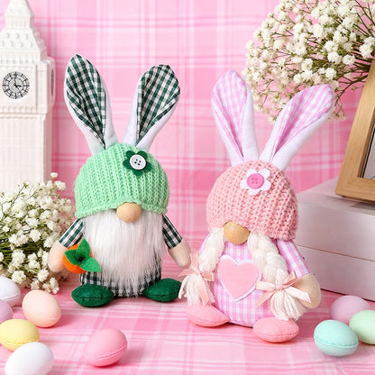 Pink Easter Plush Bunny Gnome Figurine – Decorative Doll with Long Hair and Checkered Ears for Home Display - Image 3