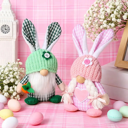 Green Easter Plush Bunny Gnome Figurine – Decorative Doll with Long Hair and Checkered Ears for Home Display - Image 3