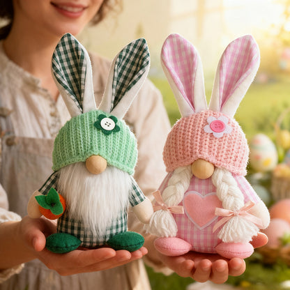 Green Easter Plush Bunny Gnome Figurine – Decorative Doll with Long Hair and Checkered Ears for Home Display - Image 4