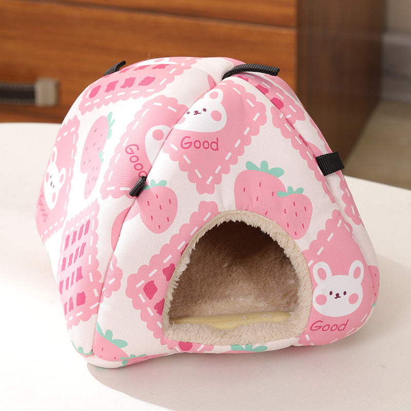 Pink Strawberry Bunny Soft Shelter for Small Mammals – Hanging & Floor Use, Waterproof Surface, Easy Clean(Size: M)