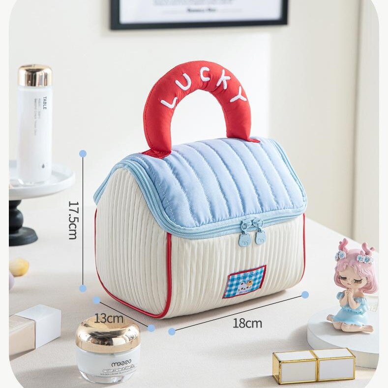 Red and blue Large Capacity Cosmetic Bag – Quilted Design with Dual-Zipper and Soft Handle for Travel & Daily Use - Image 5