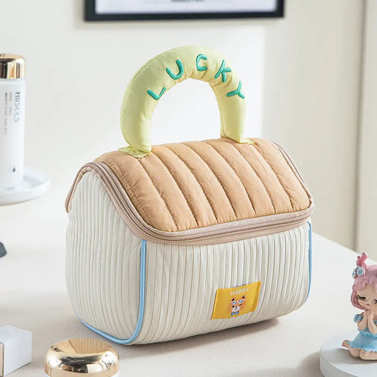 Coffee color and yellow Large Capacity Cosmetic Bag – Quilted Design with Dual-Zipper and Soft Handle for Travel & Daily Use