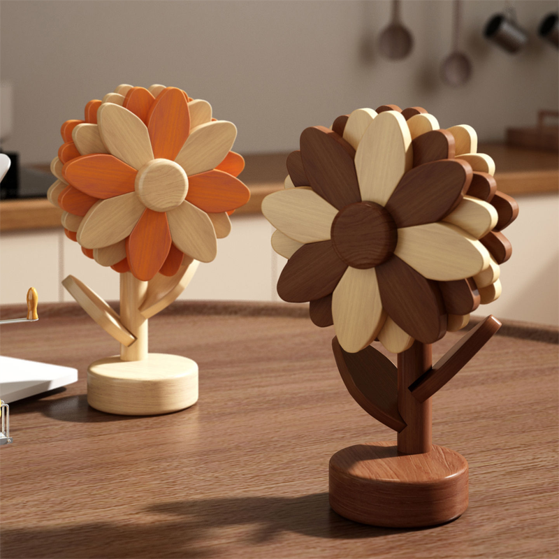 5-Piece Floral-Shaped Trivet Set with Stand – Wooden Heat Resistant Pad for Table, Dish, Pot or Cup(Walnut solid colour) - Image 3