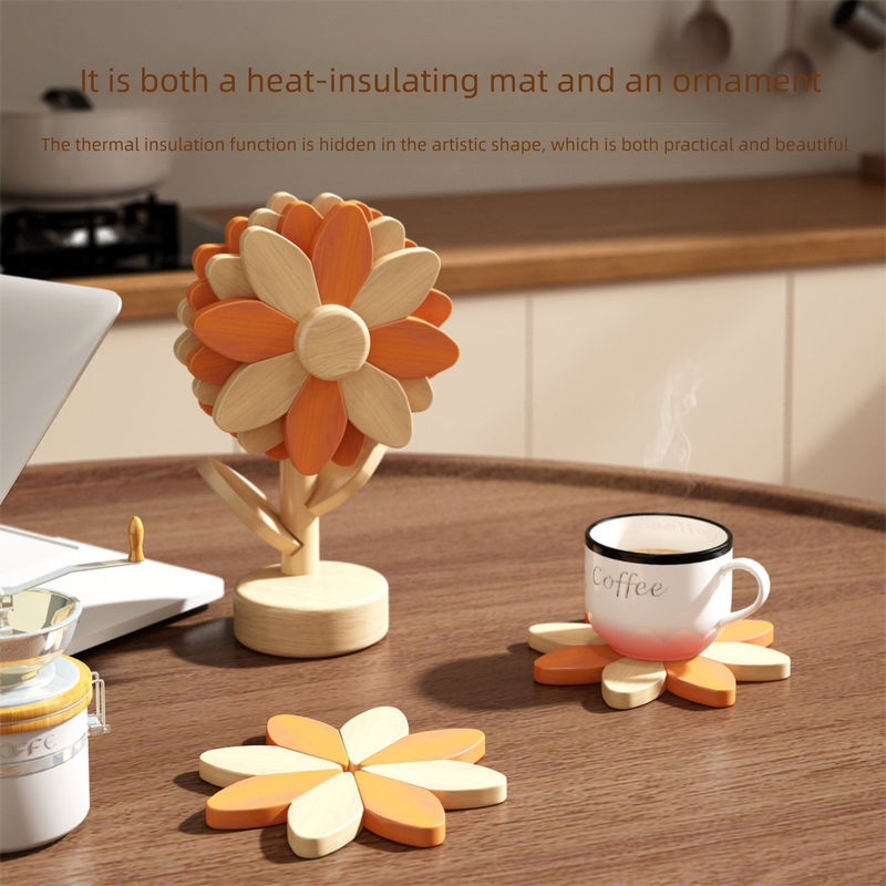 5-Piece Floral-Shaped Trivet Set with Stand – Wooden Heat Resistant Pad for Table, Dish, Pot or Cup(Walnut solid colour) - Image 4