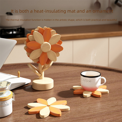 5-Piece Floral-Shaped Trivet Set with Stand – Wooden Heat Resistant Pad for Table, Dish, Pot or Cup(Walnut solid colour) - Image 4