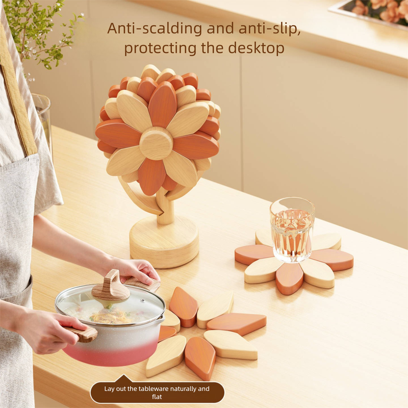 5-Piece Floral-Shaped Trivet Set with Stand – Wooden Heat Resistant Pad for Table, Dish, Pot or Cup(Solid beech) - Image 5