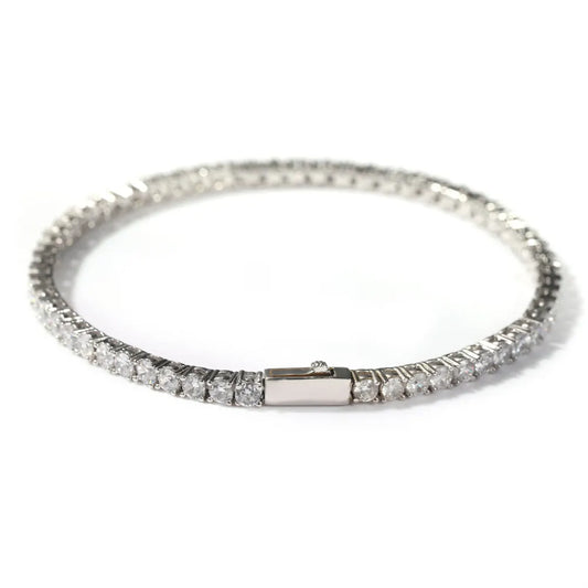 Silver Single-Row Zircon Bracelet – 4mm Wide, Brass Base with Secure Clasp, AAA+ Stones for Everyday Wear