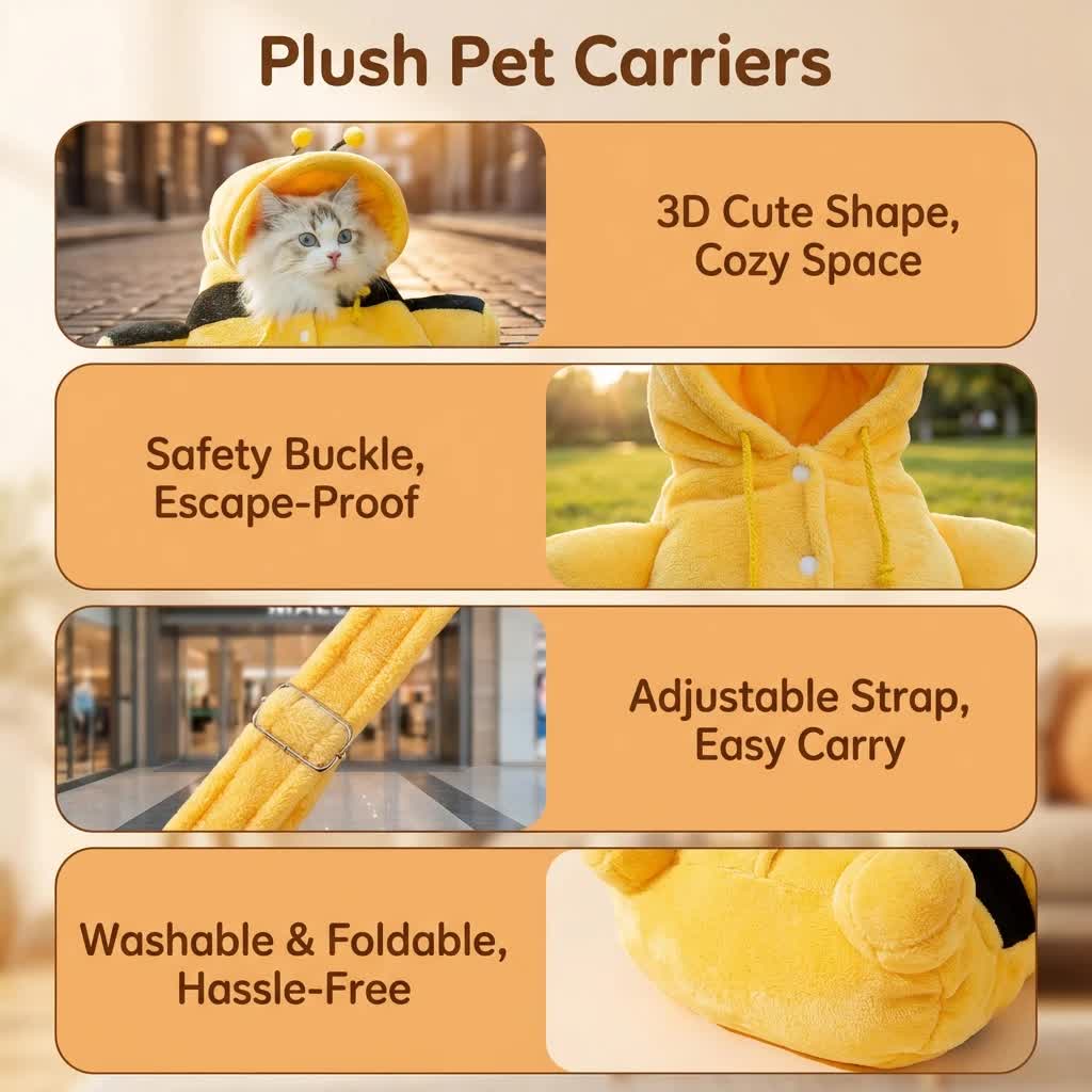 M Size Cute Bee Windproof Insulated Pet Shoulder Bag with Security Buckle - Soft Reversible Flannel Tote for Small Dogs & Cats Up to 2KG - Image 3