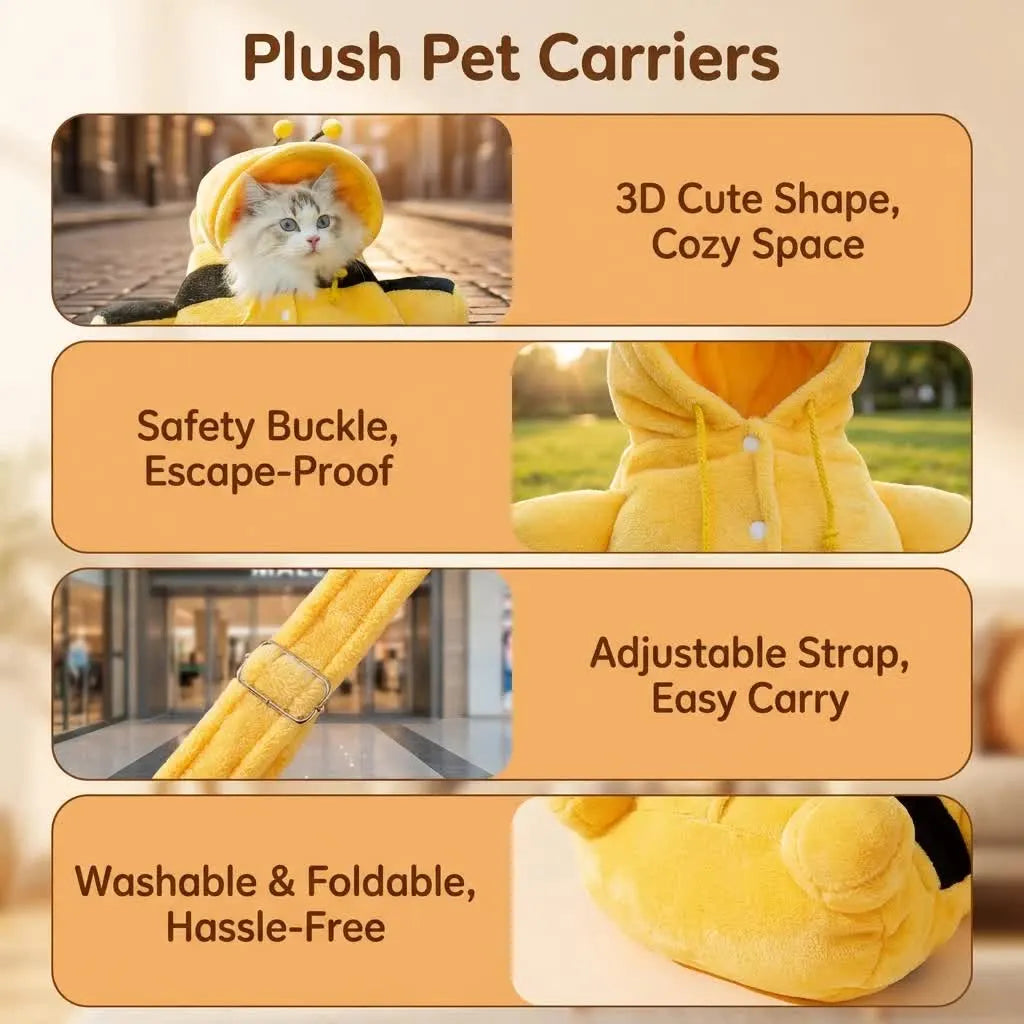 L Size Cute Bee Windproof Insulated Pet Shoulder Bag with Security Buckle - Soft Reversible Flannel Tote for Small Dogs & Cats Up to 2KG - Image 3