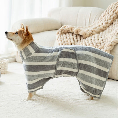 Grey Stripes Super Absorbent Pet Bathrobe with Waist Belt & Neck Snap - Full Coverage Quick-Drying Towel for Dogs & Cats (XS Size)