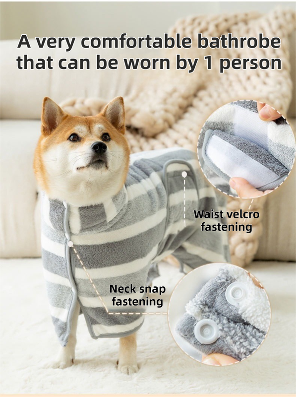 Grey Stripes Super Absorbent Pet Bathrobe with Waist Belt & Neck Snap - Full Coverage Quick-Drying Towel for Dogs & Cats (S Size) - Image 3