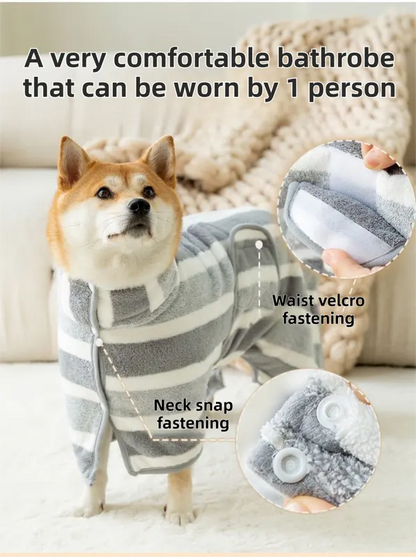 Grey Stripes Super Absorbent Pet Bathrobe with Waist Belt & Neck Snap - Full Coverage Quick-Drying Towel for Dogs & Cats (L Size) - Image 3