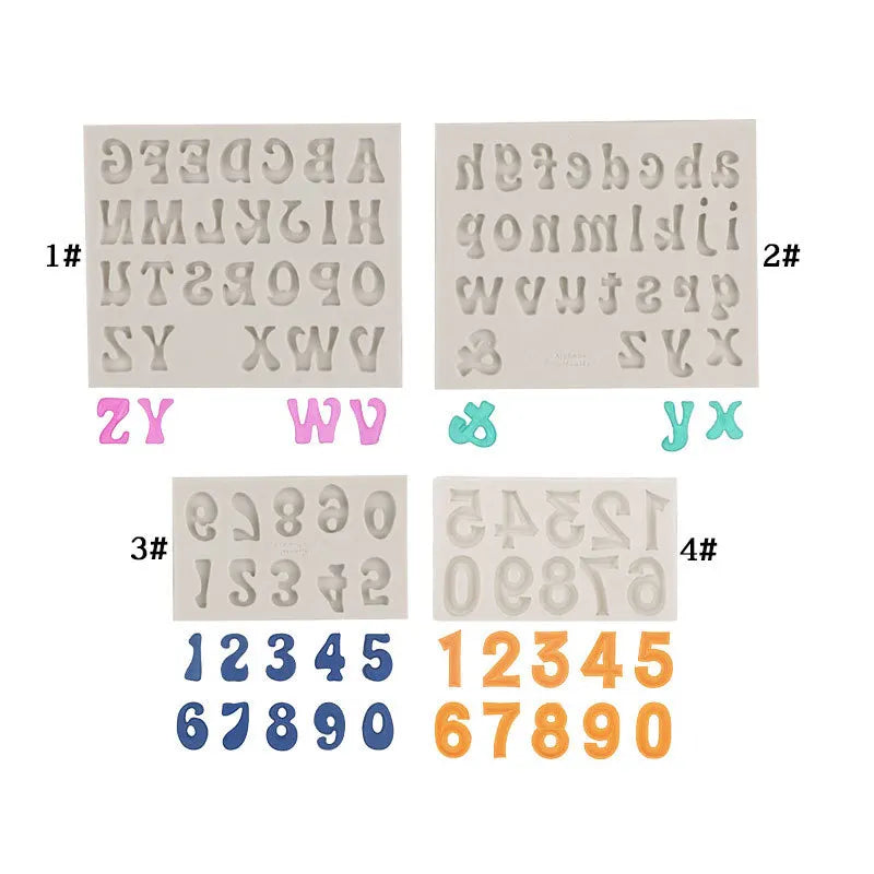 4-Pack Grey Alphabet & Numbers Silicone Fondant Molds - Heat Resistant Cake Decoration & Resin Crafting Tools