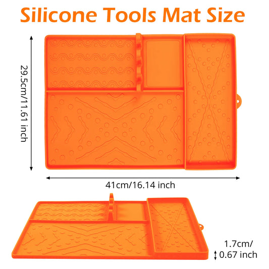 Orange Heavy-Duty Silicone Griddle Tool Mat Integrated Tool & Bottle Slots - Non-Stick BBQ Tool Draining Grease Mat and Seasoning Station - Image 2