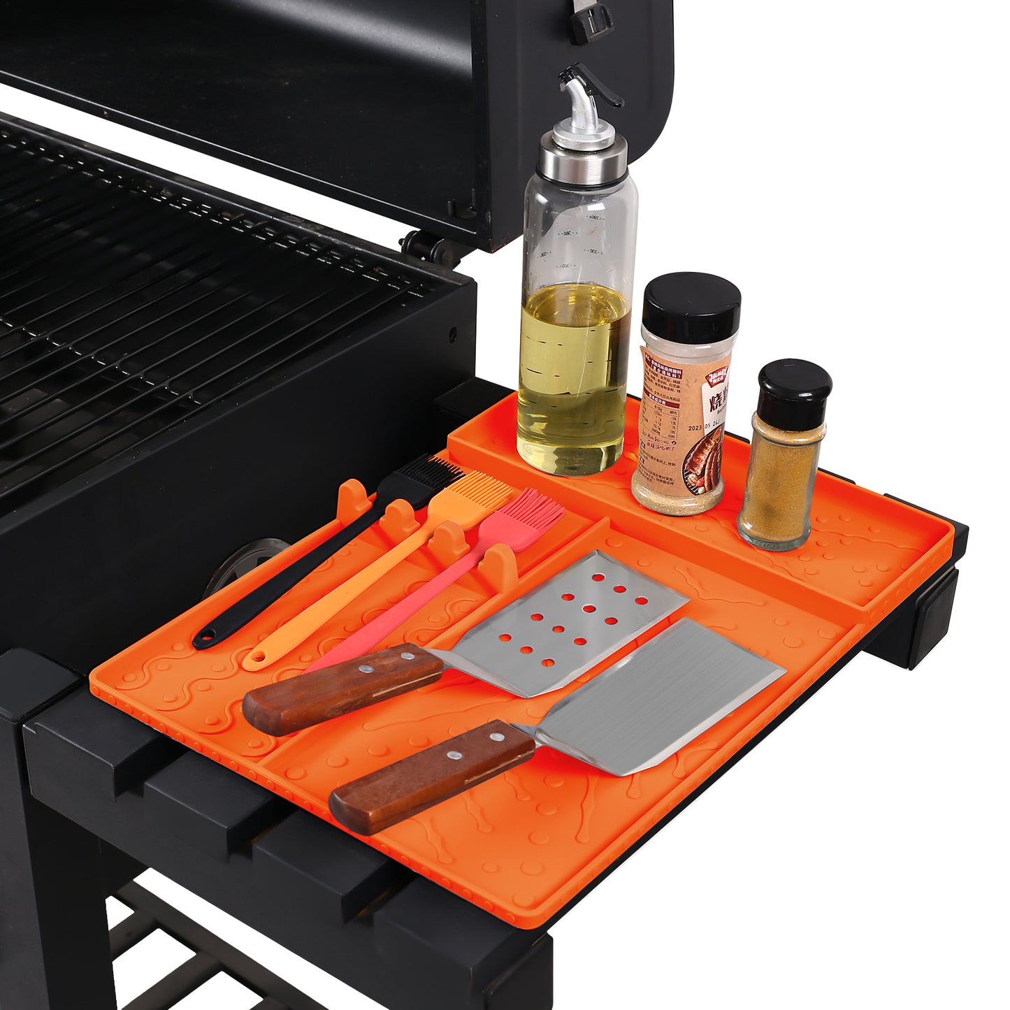 Orange Heavy-Duty Silicone Griddle Tool Mat Integrated Tool & Bottle Slots - Non-Stick BBQ Tool Draining Grease Mat and Seasoning Station - Image 3
