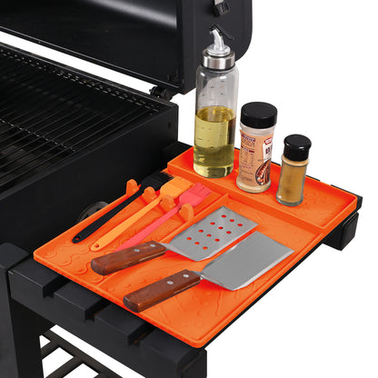 Orange Heavy-Duty Silicone Griddle Tool Mat Integrated Tool & Bottle Slots - Non-Stick BBQ Tool Draining Grease Mat and Seasoning Station - Image 3