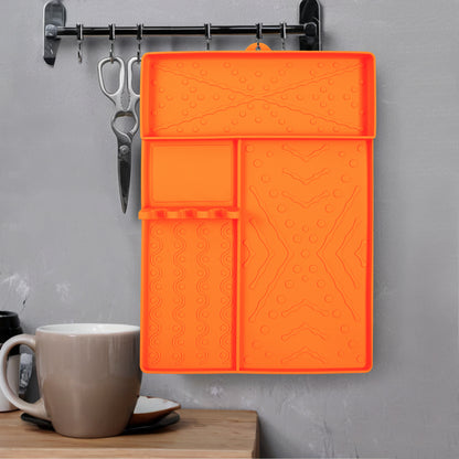 Orange Heavy-Duty Silicone Griddle Tool Mat Integrated Tool & Bottle Slots - Non-Stick BBQ Tool Draining Grease Mat and Seasoning Station - Image 4