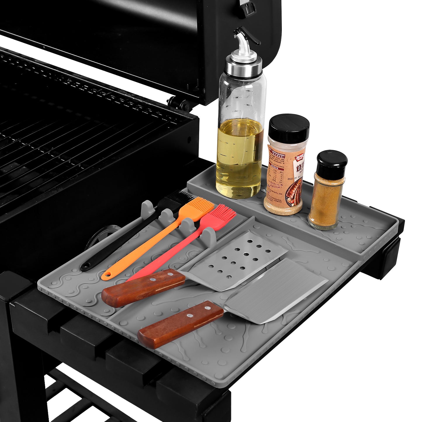 Grey Heavy-Duty Silicone Griddle Tool Mat Integrated Tool & Bottle Slots - Non-Stick BBQ Tool Draining Grease Mat and Seasoning Station - Image 3