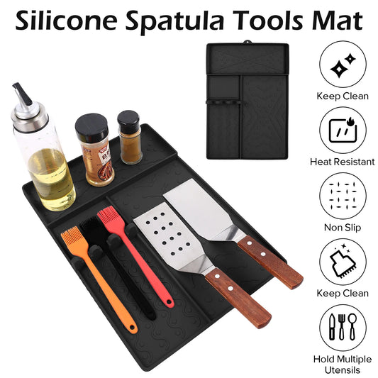 Black Heavy-Duty Silicone Griddle Tool Mat Integrated Tool & Bottle Slots - Non-Stick BBQ Tool Draining Grease Mat and Seasoning Station