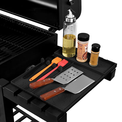 Black Heavy-Duty Silicone Griddle Tool Mat Integrated Tool & Bottle Slots - Non-Stick BBQ Tool Draining Grease Mat and Seasoning Station - Image 3