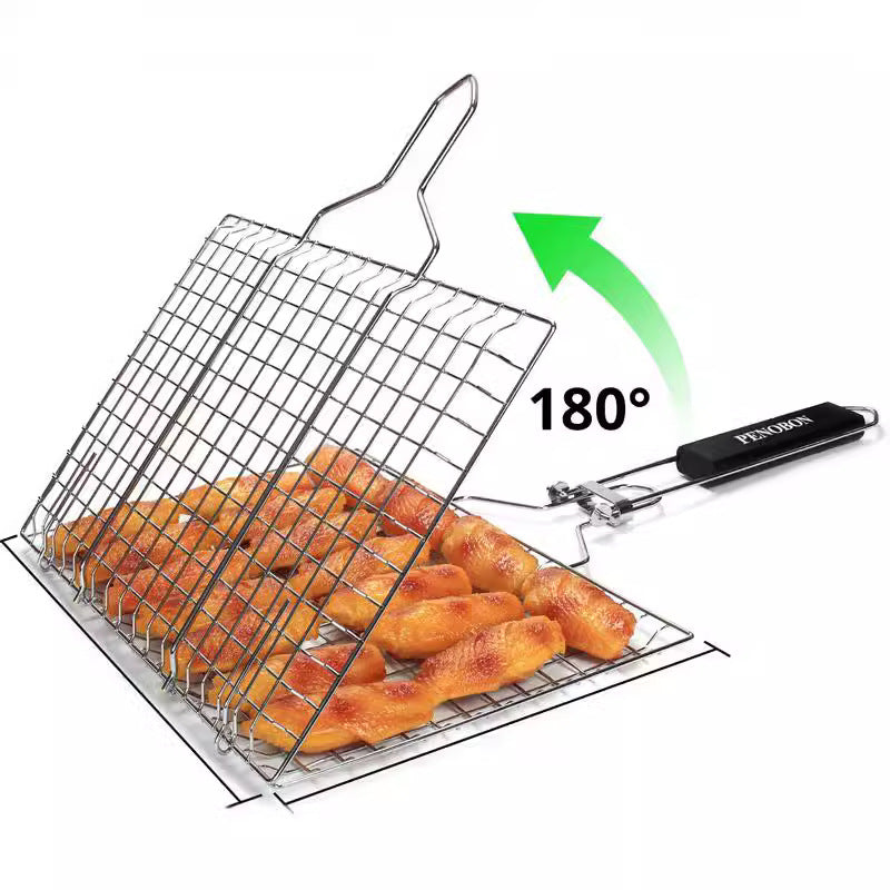 180° Foldable Stainless Steel BBQ Grilling Net Basket with Storage Bag & Secure Lock - Fish, Chicken Wings & Vegetable Barbecue Mesh Clip - Image 2