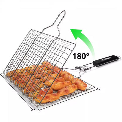180° Foldable Stainless Steel BBQ Grilling Net Basket with Storage Bag & Secure Lock - Fish, Chicken Wings & Vegetable Barbecue Mesh Clip - Image 2