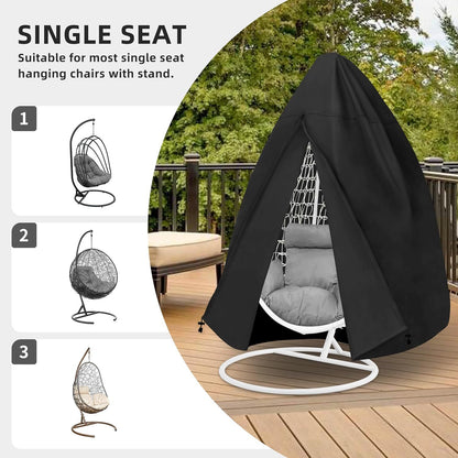 Black Heavy Duty Hanging Egg Chair Shield with Windproof Drawstring and Storage Bag - Waterproof & Dustproof Garden Swing Chair Protector (Single Seat 190 x 115 CM) - Image 2