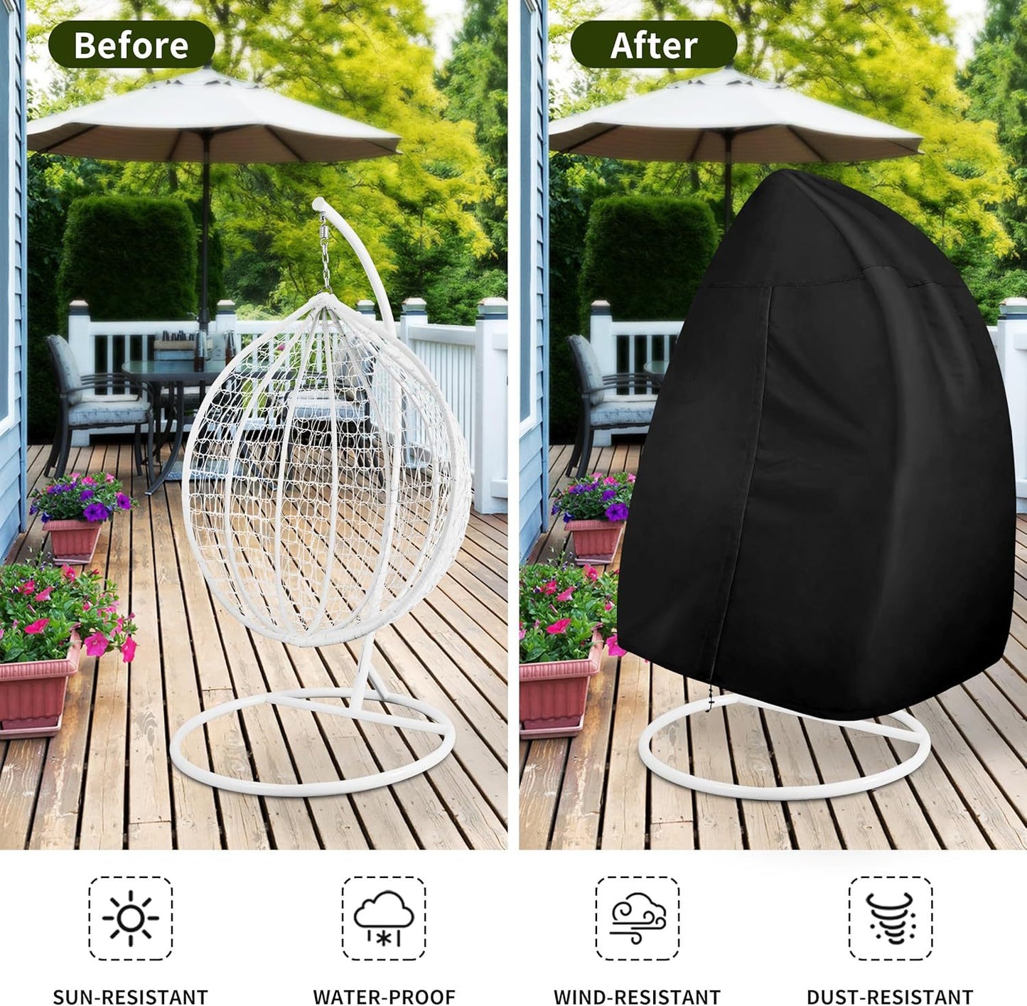 Black Heavy Duty Hanging Egg Chair Shield with Windproof Drawstring and Storage Bag - Waterproof & Dustproof Garden Swing Chair Protector (Single Seat 190 x 115 CM) - Image 3