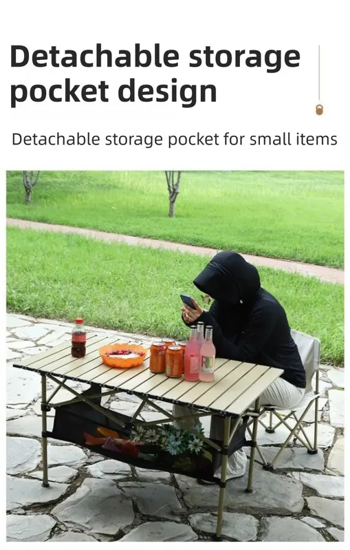 120CM Khaki Portable Folding Egg Roll Camping Table with Storage Bag & Mesh Net- Heavy-Duty Carbon Steel Picnic Table for 6-8 People - Image 3