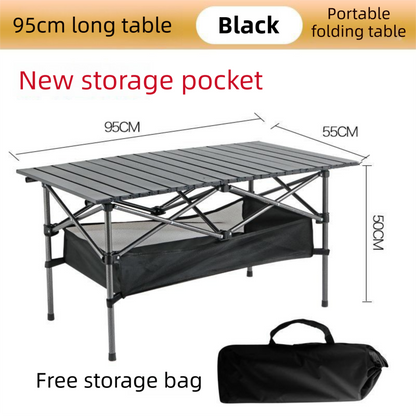 95CM Black Portable Folding Egg Roll Camping Table + 4-Pack 36CM Chairs with Storage Bag & Mesh Net- Heavy-Duty Carbon Steel Picnic Table for 4-6 People - Image 2