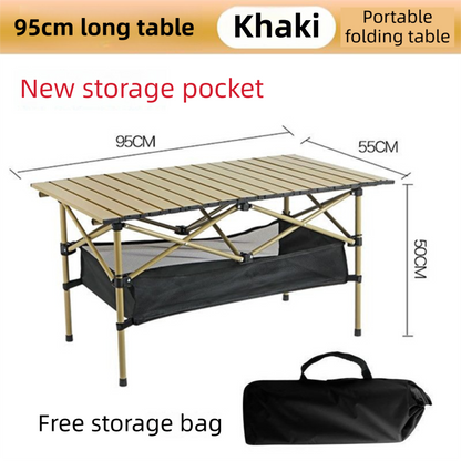 95CM Khaki Portable Folding Egg Roll Camping Table + 4-Pack 36CM Chairs with Storage Bag & Mesh Net- Heavy-Duty Carbon Steel Picnic Table for 4-6 People - Image 2