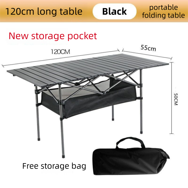120CM Black Portable Folding Egg Roll Camping Table + 4-Pack 36CM Chairs with Storage Bag & Mesh Net- Heavy-Duty Carbon Steel Picnic Table for 6-8 People - Image 2