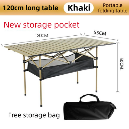 120CM Khaki Portable Folding Egg Roll Camping Table + 4-Pack 36CM Chairs with Storage Bag & Mesh Net- Heavy-Duty Carbon Steel Picnic Table for 6-8 People - Image 2