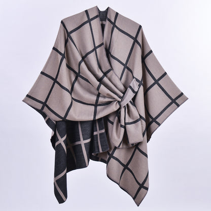 Brown Elegant Check Knit Travel Shawl with Stylish Side-Slit Design - Fall & Winter Luxurious Cashmere-Feel Pullover Cape (135 x 155 CM) - Image 2