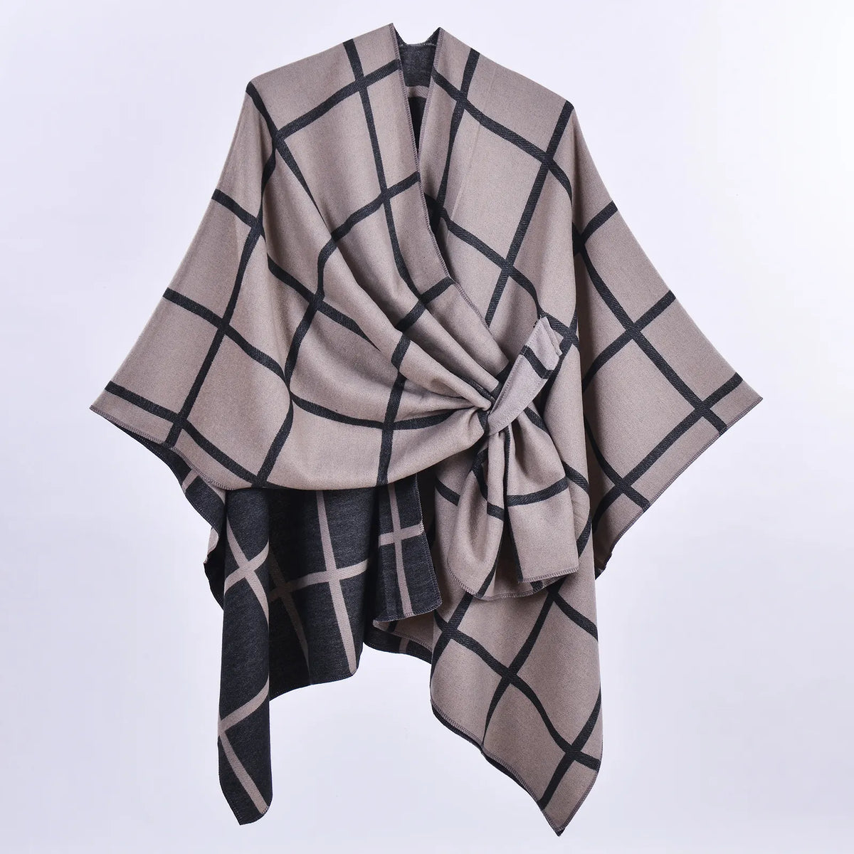 Brown Elegant Check Knit Travel Shawl with Stylish Side-Slit Design - Fall & Winter Luxurious Cashmere-Feel Pullover Cape (135 x 155 CM) - Image 2