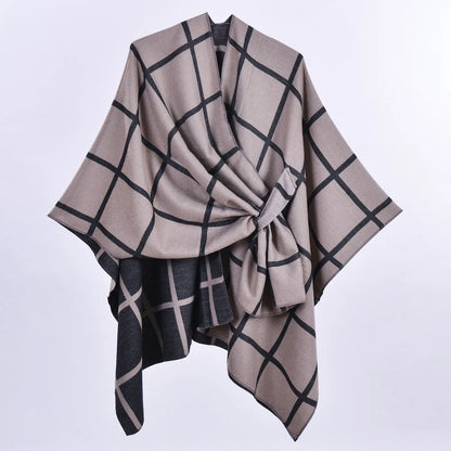 Brown Elegant Check Knit Travel Shawl with Stylish Side-Slit Design - Fall & Winter Luxurious Cashmere-Feel Pullover Cape (135 x 155 CM) - Image 2