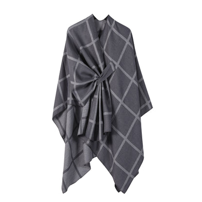 Grey Elegant Check Knit Travel Shawl with Stylish Side-Slit Design - Fall & Winter Luxurious Cashmere-Feel Pullover Cape (135 x 155 CM)