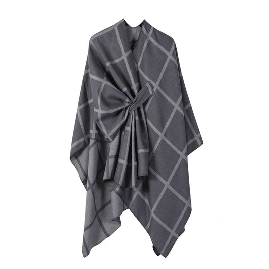 Grey Elegant Check Knit Travel Shawl with Stylish Side-Slit Design - Fall & Winter Luxurious Cashmere-Feel Pullover Cape (135 x 155 CM)