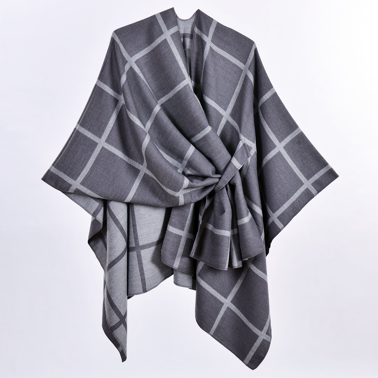 Grey Elegant Check Knit Travel Shawl with Stylish Side-Slit Design - Fall & Winter Luxurious Cashmere-Feel Pullover Cape (135 x 155 CM) - Image 2