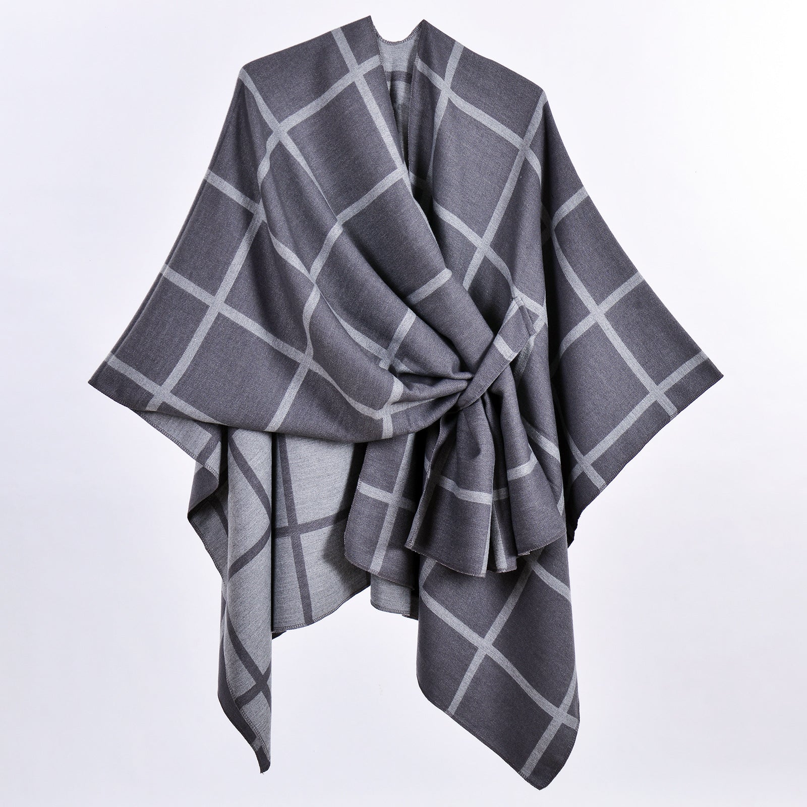 Grey Elegant Check Knit Travel Shawl with Stylish Side-Slit Design - Fall & Winter Luxurious Cashmere-Feel Pullover Cape (135 x 155 CM) - Image 2