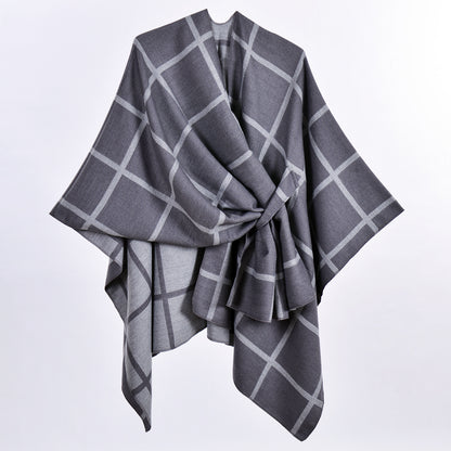 Grey Elegant Check Knit Travel Shawl with Stylish Side-Slit Design - Fall & Winter Luxurious Cashmere-Feel Pullover Cape (135 x 155 CM) - Image 2