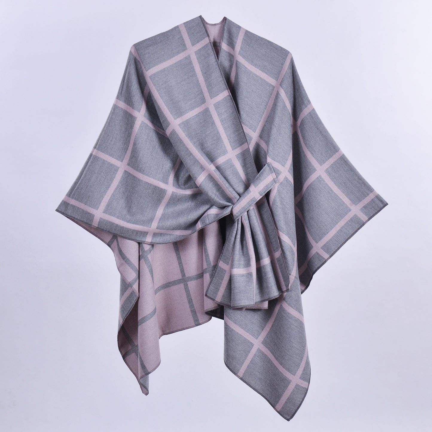 Grey and Pink Elegant Check Knit Travel Shawl with Stylish Side-Slit Design - Fall & Winter Luxurious Cashmere-Feel Pullover Cape (135 x 155 CM) - Image 2