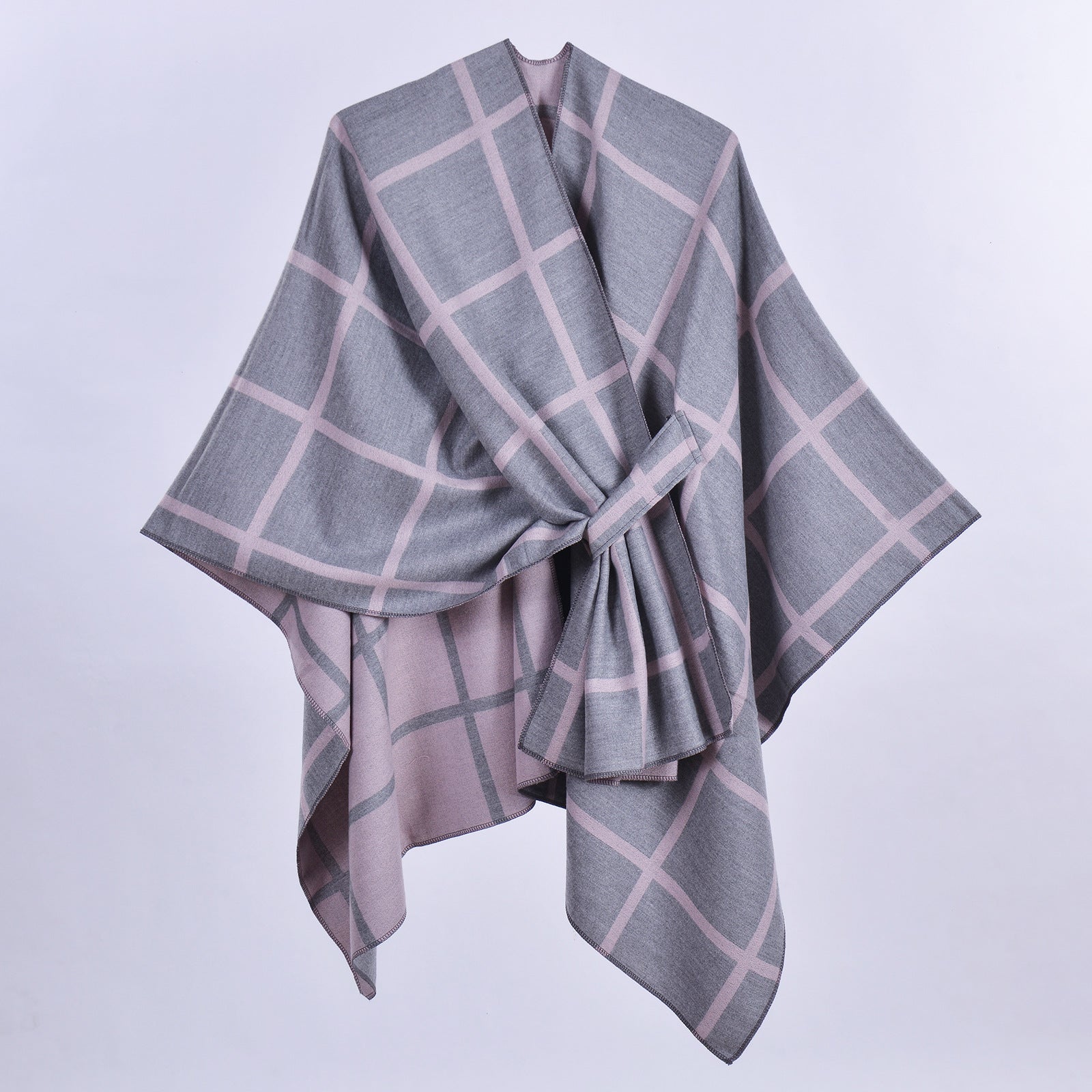 Grey and Pink Elegant Check Knit Travel Shawl with Stylish Side-Slit Design - Fall & Winter Luxurious Cashmere-Feel Pullover Cape (135 x 155 CM) - Image 2